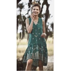 Maeve Anthropologie Pippa Swing Teal Embroidered Linen Sleeveless Dress L